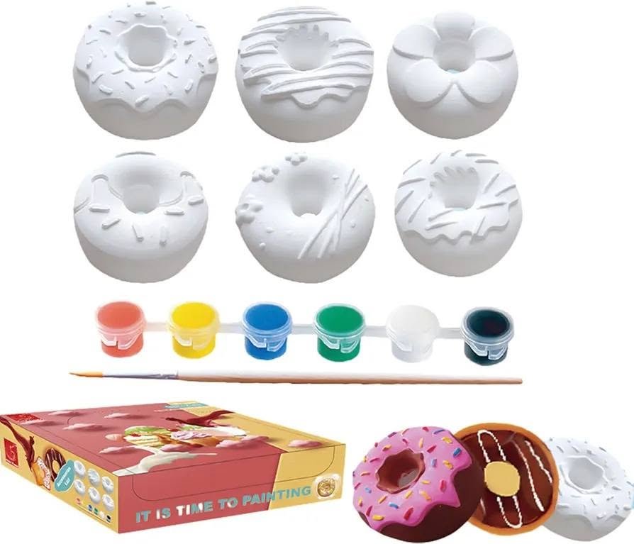 Kit de 6 donas de yeso para pintar con pinturas y pincel