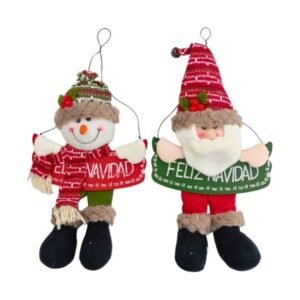 Cuelga puerta navideño de muñeco de nieve y Papá Noel con letrero Feliz Navidad