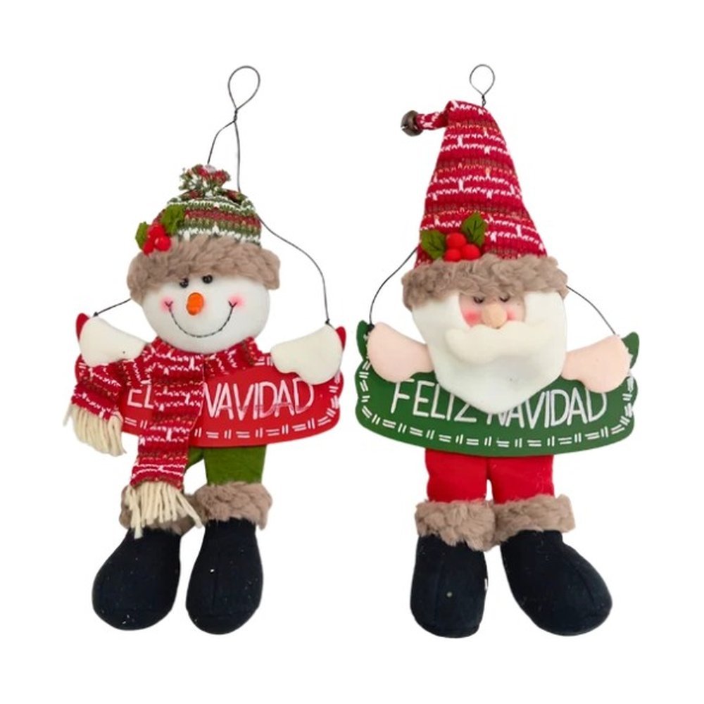 Cuelga puerta navideño de muñeco de nieve y Papá Noel con letrero Feliz Navidad