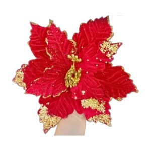 Flor de Navidad roja de terciopelo con escarcha dorada