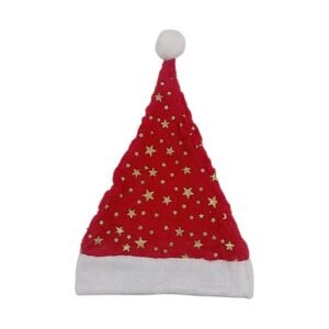 Gorro navideño afelpado rojo con estrellas doradas