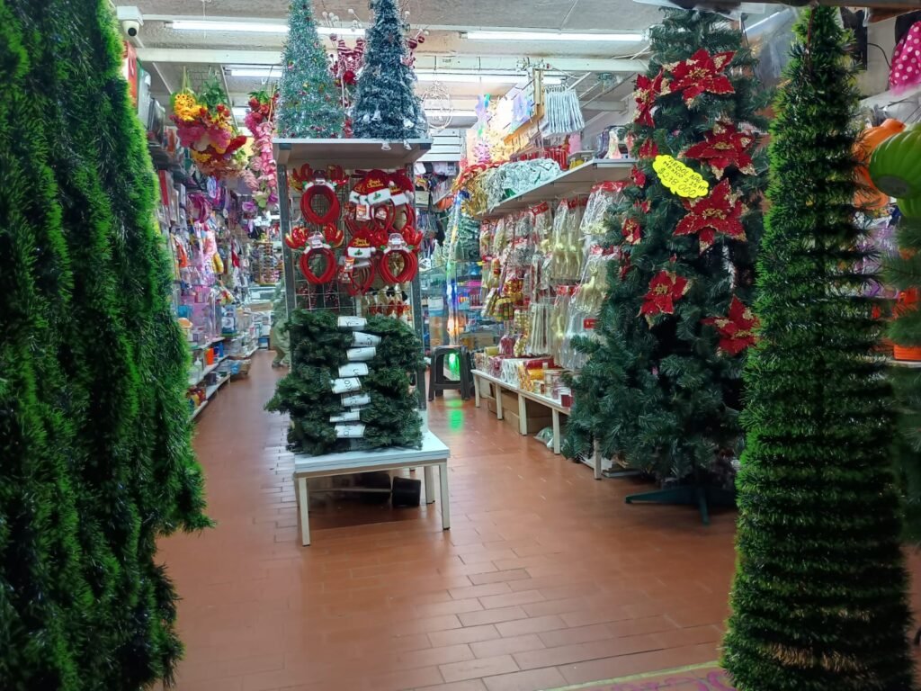 Pasillo de Navidad en Tienda de Variedades La 10+ en Villabel, con árboles, flores de Navidad y adornos