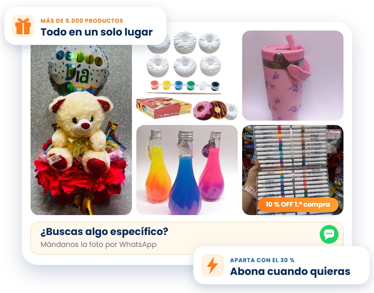 Mosaico de productos de La 10+: osito en caja, donas para pintar, slime, termo y marcadores
